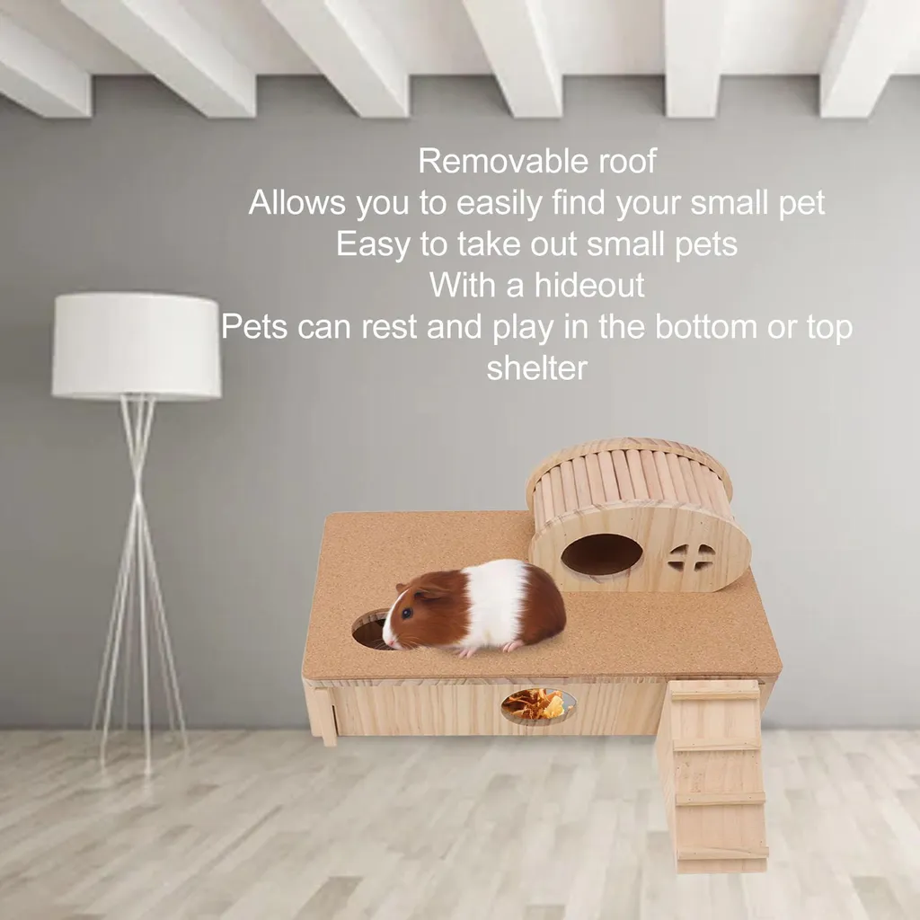 Maison en bois pour hamsters et cabane rongeur avec plateforme de jeu - 3