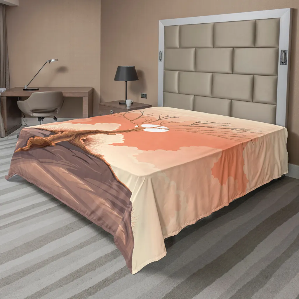 ABAKUHAUS Drap de lit paysage arbre et falaise orange brun 266x260 cm