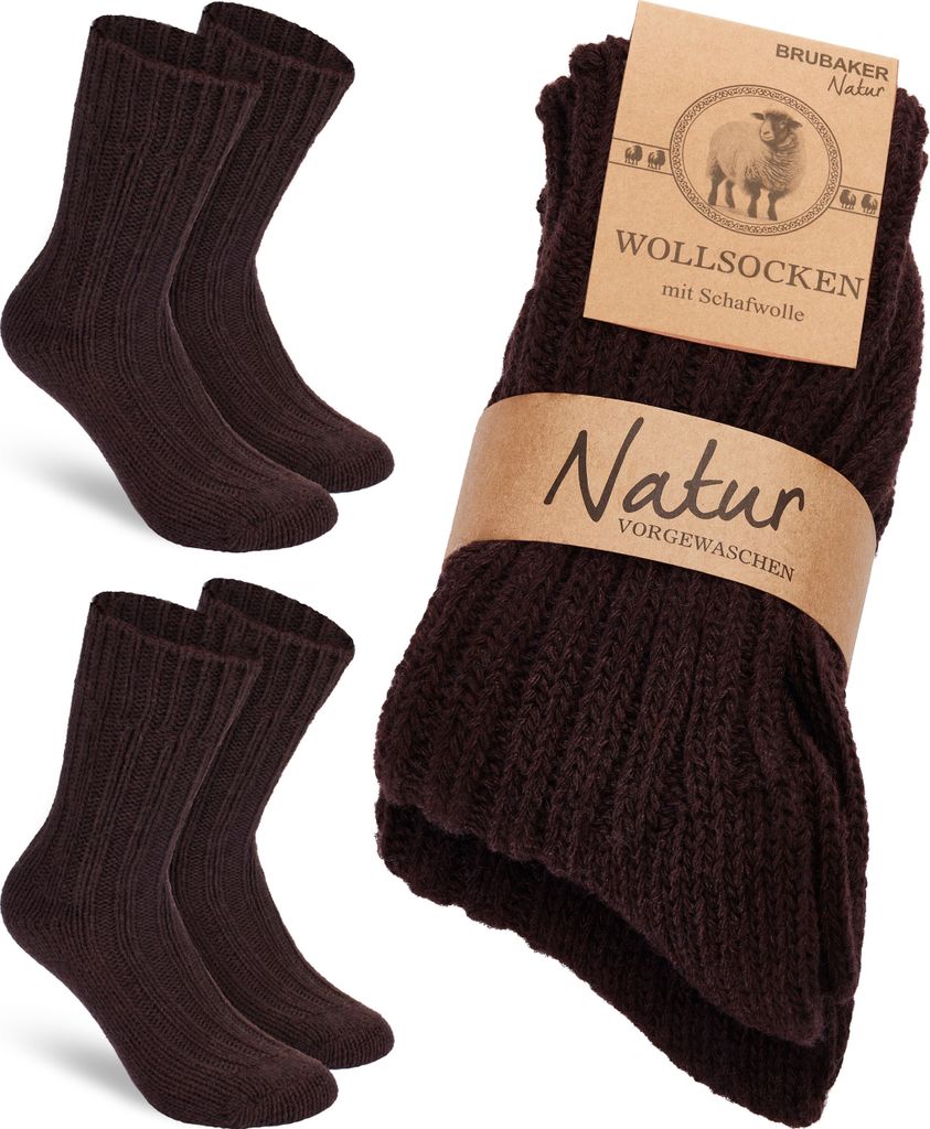 BRUBAKER 2 Paar Wollsocken - Wintersocken für Damen und Herren - Warme Winter Socken - Thermosocken Stricksocken, Braun, Größe 43-46