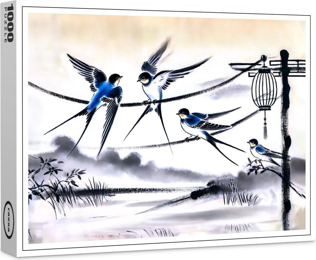 raxxa Premium-Puzzle "Group of Swallows Gathering on a Power Line in Chinese Ink Painting", 1000 Teile