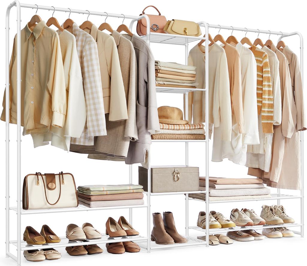 A white metal garment rack filled with various clothing items, shoes, and accessories.