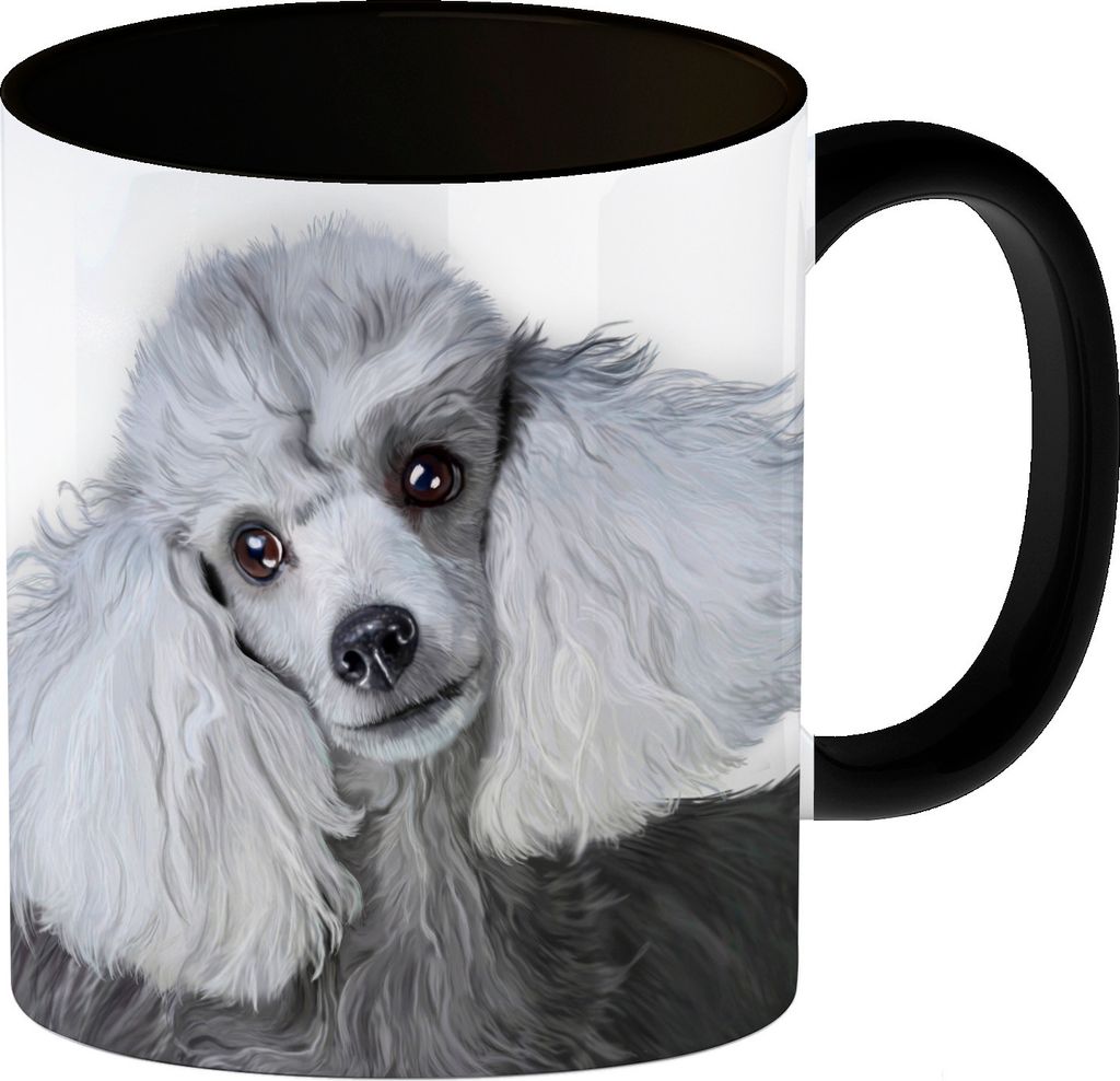 Kaffeebecher Henkel und Innenseite Schwarz mit Pudel Motiv