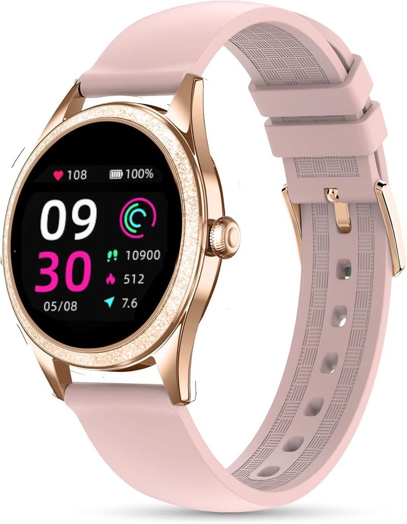 Smartwatch Damen 1.2 Inch TFT Display mit Schrittzähler Blutdruckmessung Herzfrequenz SpO2 Schlafmonitor Menstruationszyklus Fitness Uhr wasserdicht