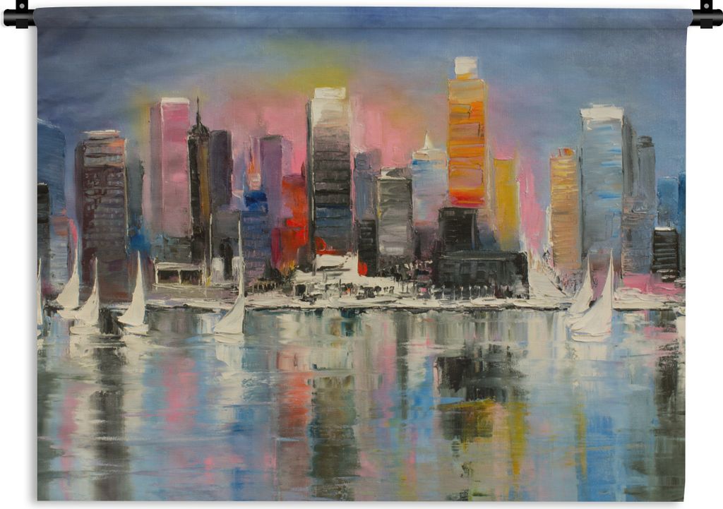 MuchoWow Wandteppich Wandbehang Gemälde - Öl - Skyline - Wasser 120x90 cm Tapisserie Dekoration Wandtuch - Wohnen - Aufhänger für die Wand