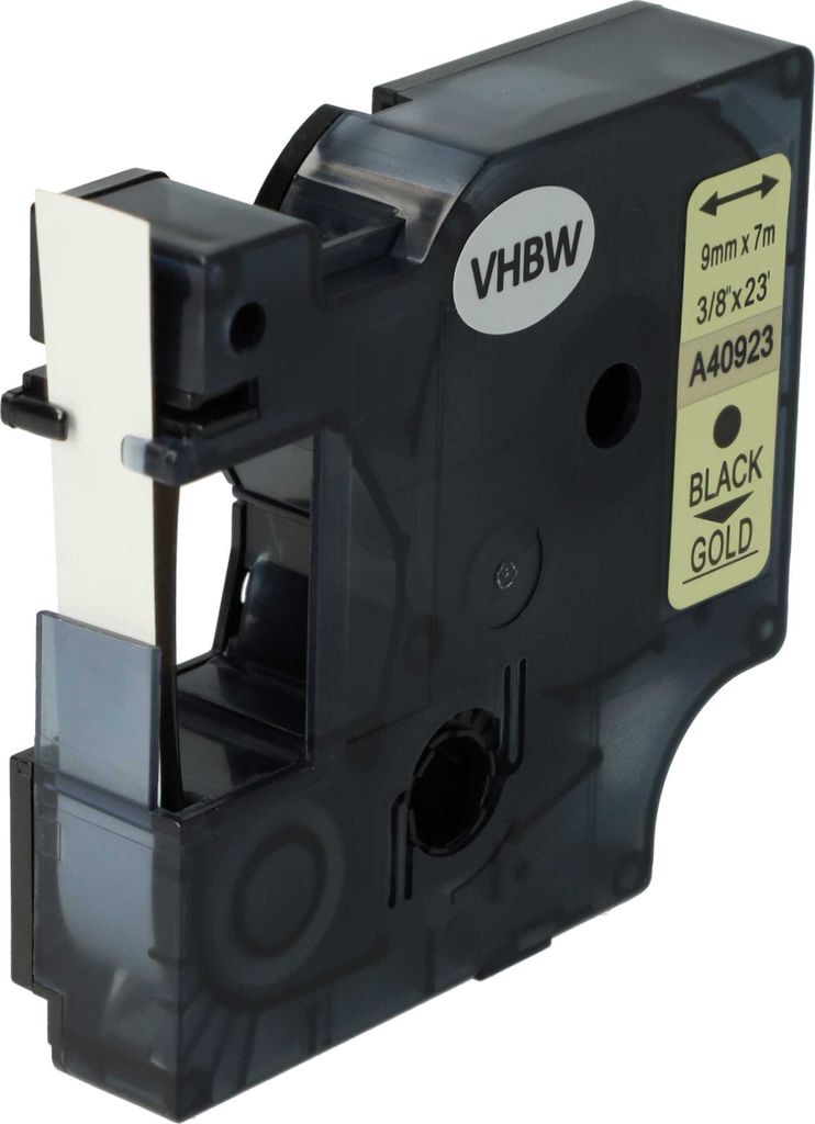 vhbw Schriftband-Kassette kompatibel mit Dymo LabelManager 100, 210D, 120P, 300, 200, 350, 100 Plus, 160 Etiketten-Drucker 7m x 9mm Schwarz auf Gold