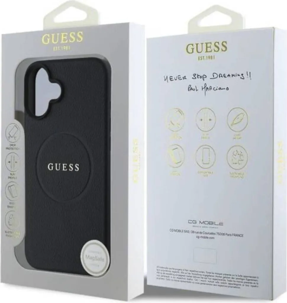 Guess iPhone 16 Hard Case MagSafe - Black Grained Gold Ring - 6