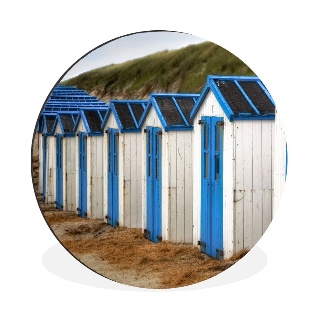 MuchoWow Aluminium Wandkreis Blaue und weiße Strandhütten Ø 30 cm Wanddeko Modern Wohnzimmer - Wand Bild - Wohnzimmer - Runde Bilder - Alubild...