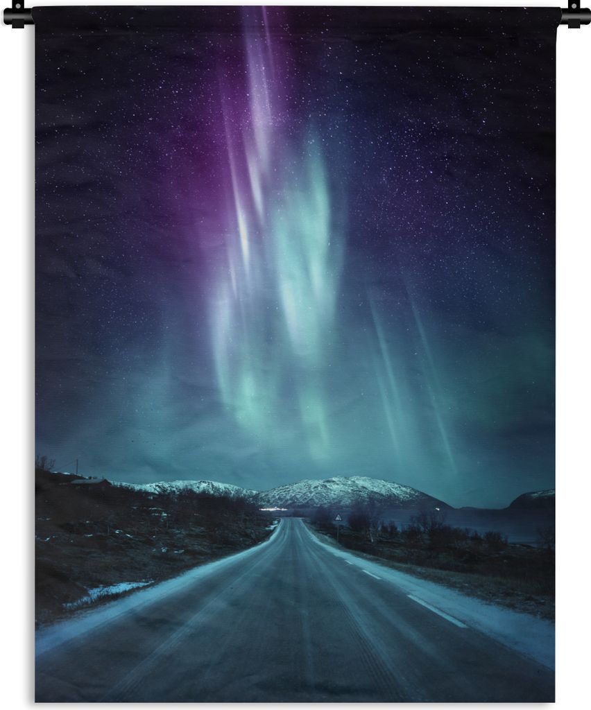 MuchoWow Wandteppich Wandbehang Nordlichter - Schnee - Straße 150x200 cm Tapisserie Dekoration Wandtuch - Wandaufhängung - Moderner