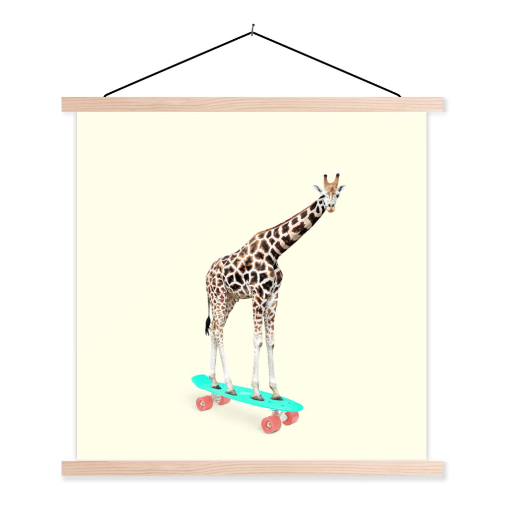MuchoWow Textilposter Giraffe - Muster - Skateboard - Rosa - Tiere 120x120 cm mit holzfarbenen Rahmen - Textil-Poster