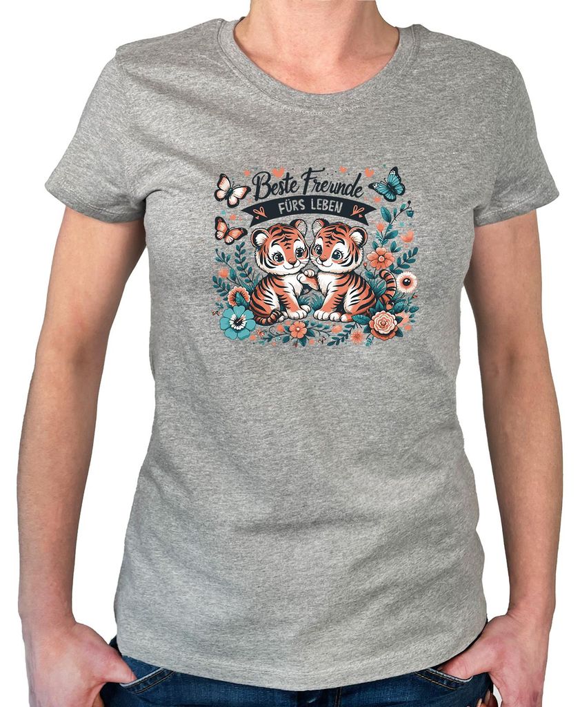 Huuraa Damen T-Shirt Beste Freunde Tiger S Sport Grey Bio Baumwolle Fairtrade Damenshirt Geschenkidee