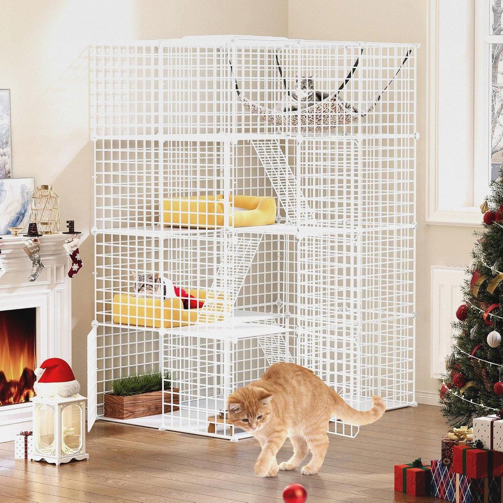 Großer Katzenkäfig für den Innenbereich, 4-stöckige Katzenhütte aus Metalldraht mit 3 Leitern, DIY-Katzenlaufstall Catio mit Hängematte, Tier...