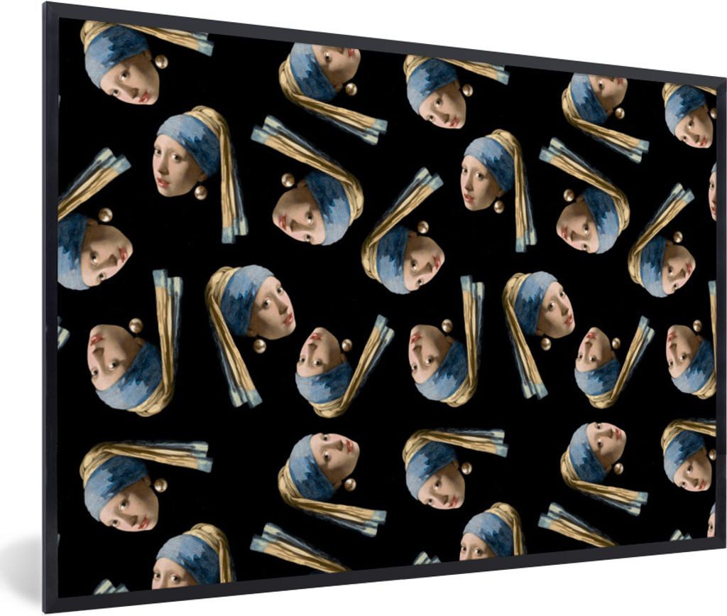 MuchoWow Gerahmtes Poster Mädchen mit Perlenohrring - Muster - Vermeer 30x20 cm - Poster mit Schwarzem Bilderrahmen Wandposter Rahmen Foto Bilde...