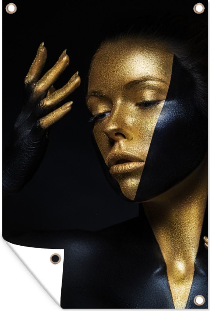 MuchoWow 40x60 cm Outdoor-Poster Gartendeko Sichtschutz Garten Poster für den Garten Make-up - Kunst - Frau - Luxus - Gold