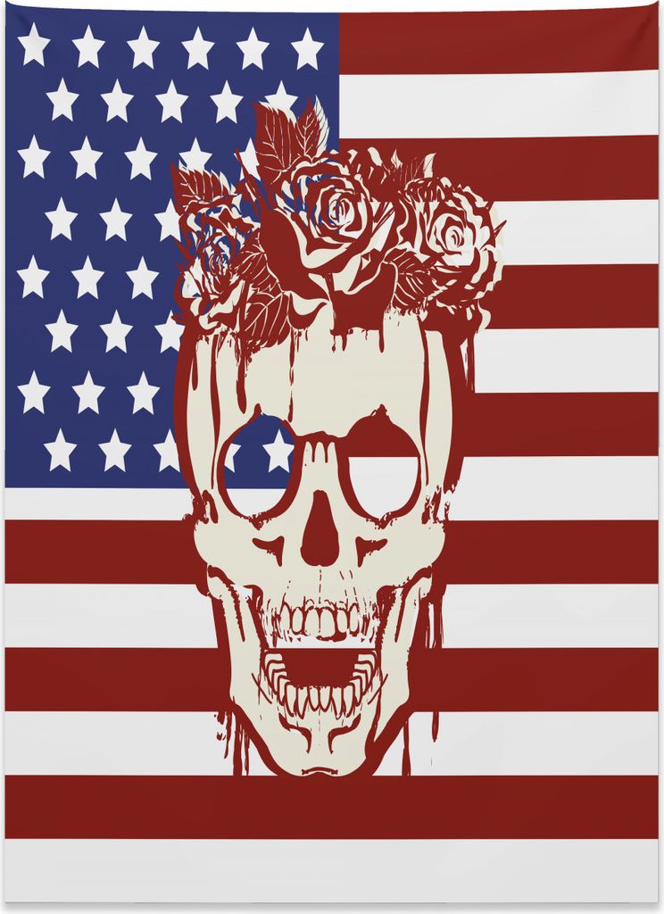 Abakuhaus Amerikanische Flagge Wandteppich, Schädel Blumen aus Weiches Mikrofaser Stoff Kein Verblassen Klare Farben Waschbar, 110 x 150 cm, Weiß...
