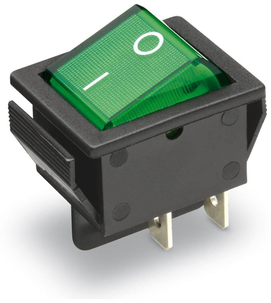 Wippenschalter 2-pol., I-0, grün beleuchtet, 26x22 mm