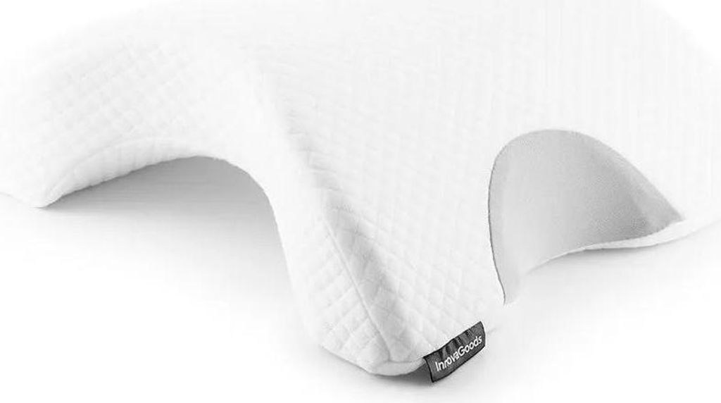 A close-up, angled view of a white orthopedic pillow designed for couples, with a gray indentation in the center.