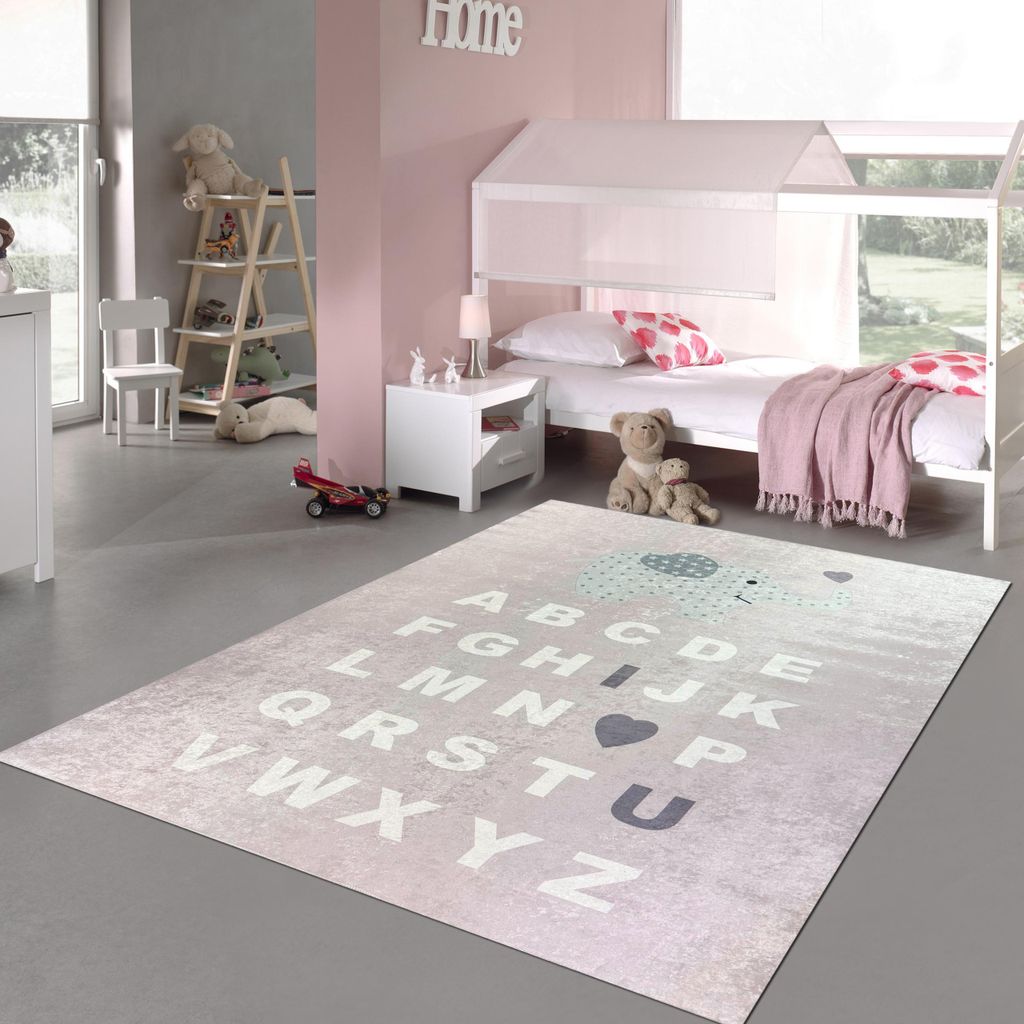 Kinderteppich ABC Lernteppich Alphabet Spielteppich mit Elefant in Rosa Größe - 120 x 160 cm