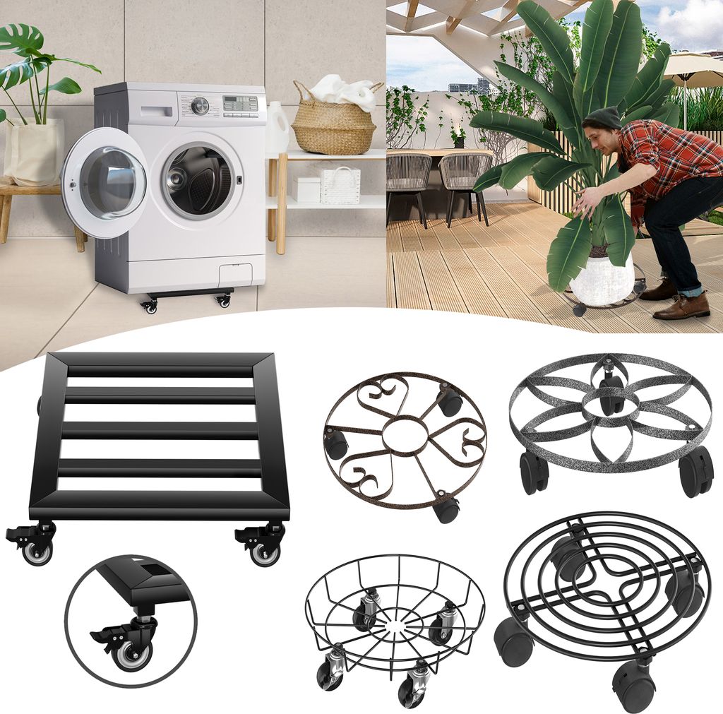 LARS360 Blumenroller Pflanzenwagen, quadratisch 30 cm, schwarz, 2er Set, Metall-PU-Räder x4, für Innen und Außen, Garten, Pflanzenträger, Pflan...