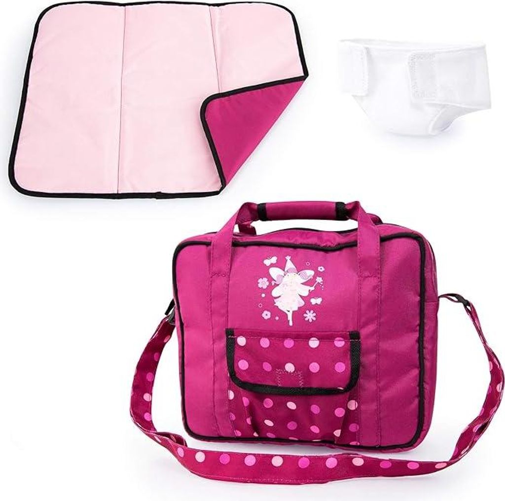 Poppenaccessoires und Pflege-Set mit Wickeltasche für Babypuppen - Wickelunterlage und genähte Windel in Bordeaux und Rosa