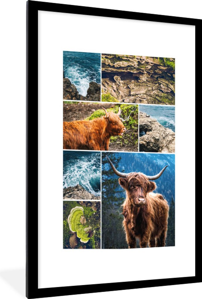 MuchoWow Gerahmtes Poster Schottischer Highlander - Collage - Tiere 60x90 cm - Poster mit Schwarzem Bilderrahmen Wandposter Rahmen Foto Bilder - ...