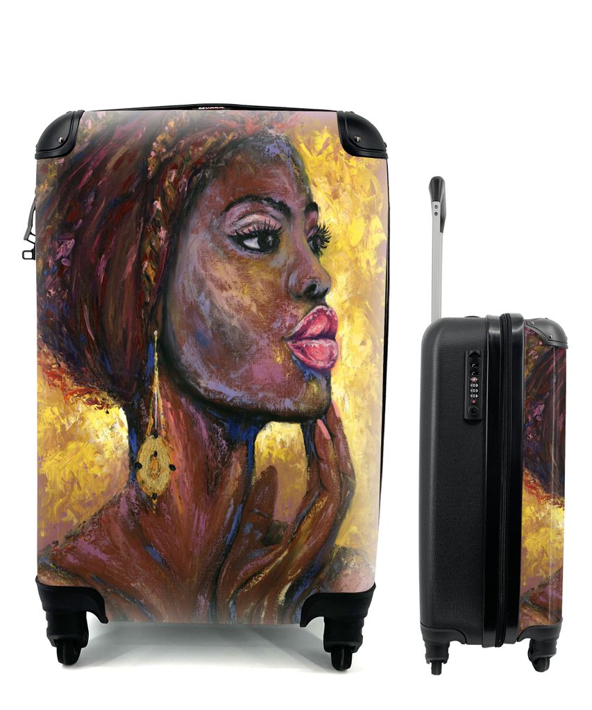 MuchoWow Koffer Handgepäck Trolley Rollkoffer Kleine Reisekoffer mit 4 Rollen - Gemälde - Frau - Gold - Ölfarbe - Cabin Size < 55x40x23 cm & 5...