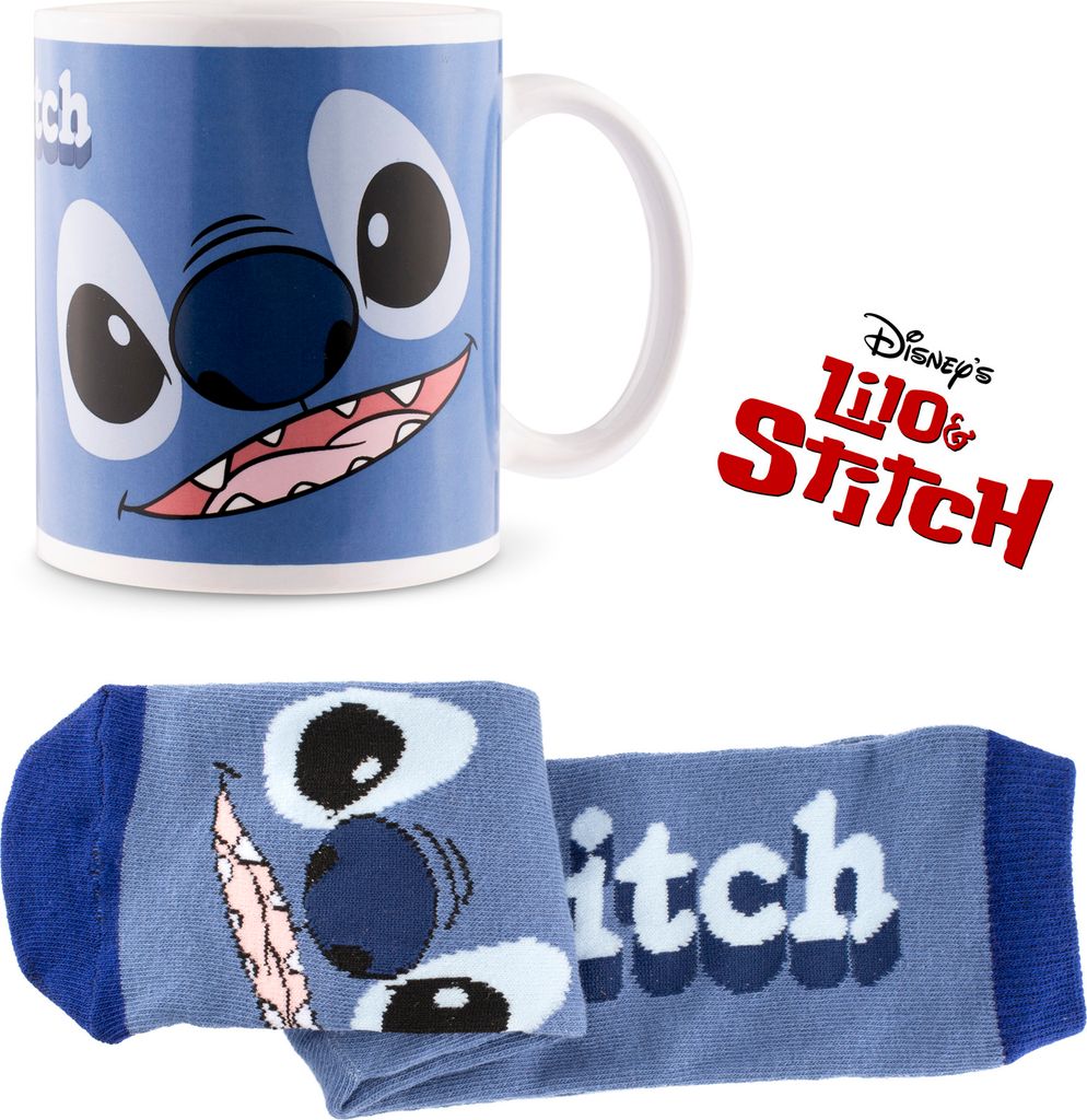 Disney Stitch Tasse und Socken Geschenk Set - Geschenke für Fans (Blau)