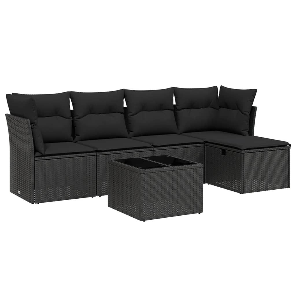 vidaXL 6-tlg. Garten-Sofagarnitur mit Kissen Schwarz Poly Rattan