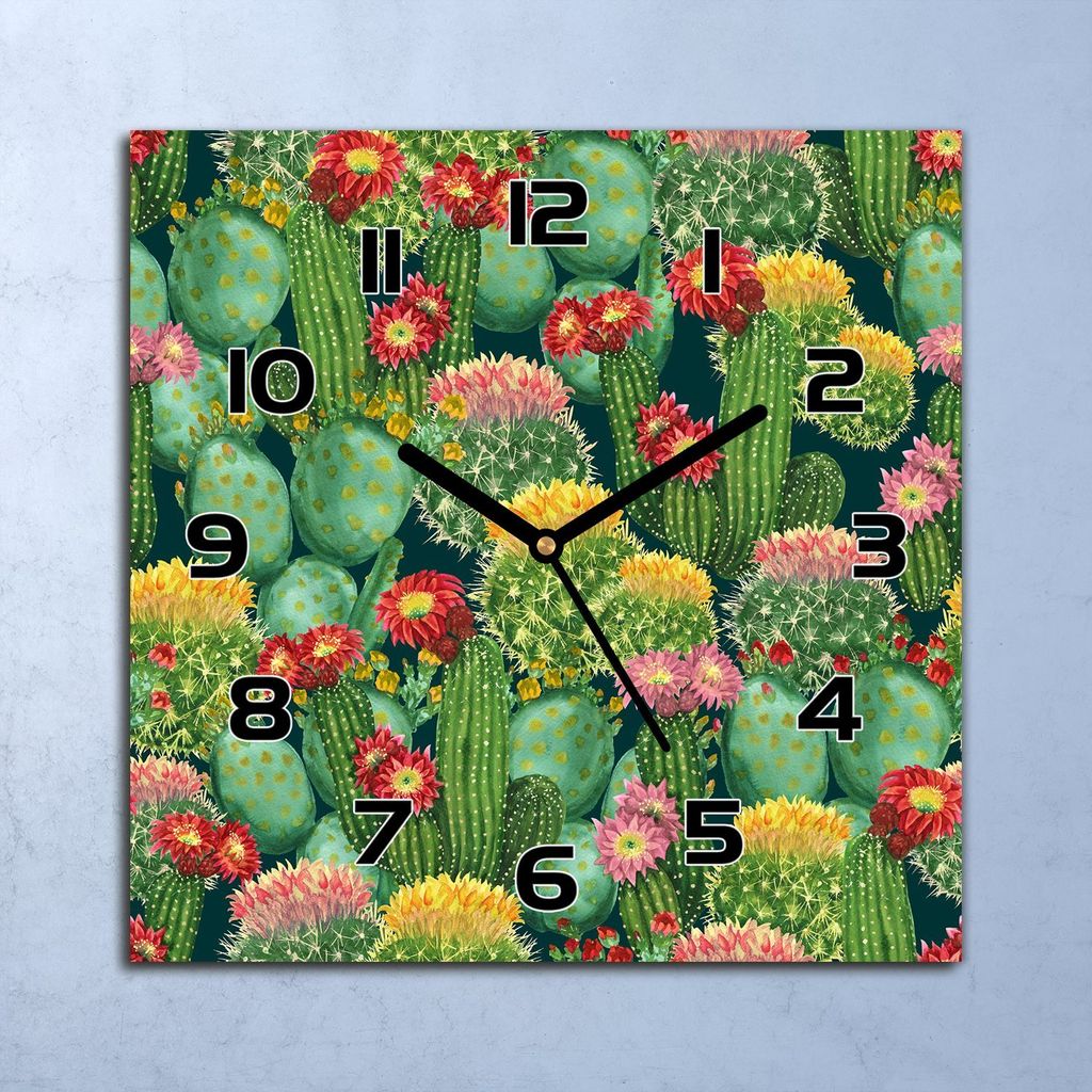 Wanduhr Echt-Glas-Küchenuhr Farbenfrohe Kakteen Quarz 30x30 Deko Bilder