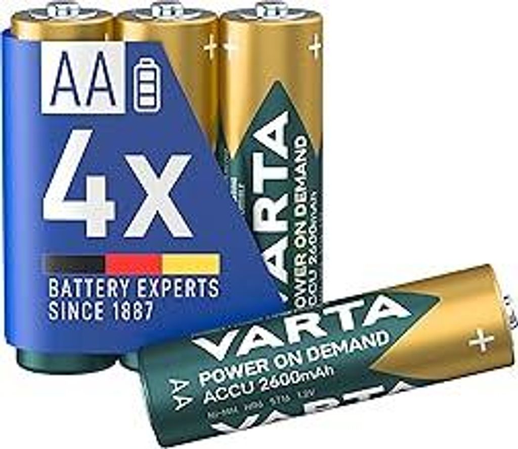 VARTA Batterien AA, wiederaufladbar, 4 Stück, Power on Demand Recharge Accu, Akku, 2600 mAh Ni-MH, ohne Memory Effekt, vorgeladen, sofort einsatzb...