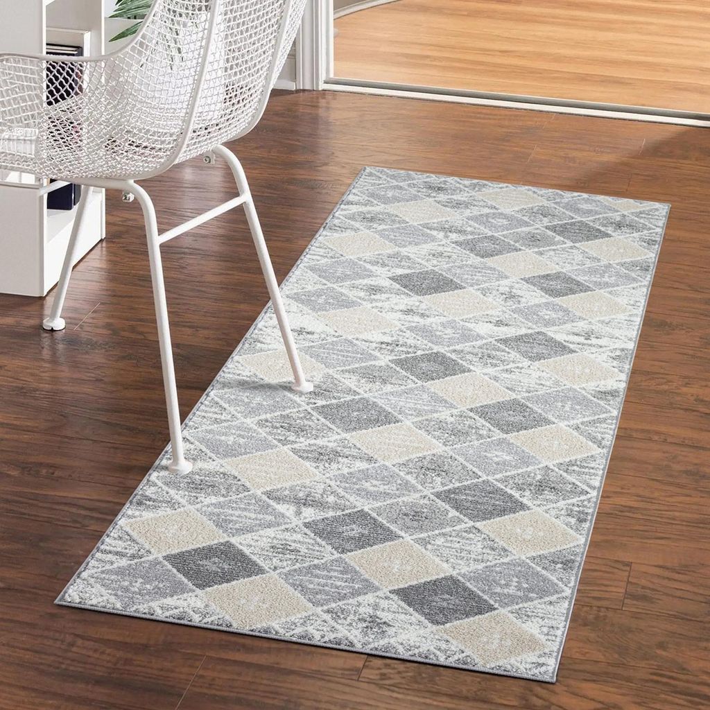 Teppich Kurzflor Flur - Grau - 80x300 cm Läufer - Raute-Muster, Bordüre - 3D-Effekt