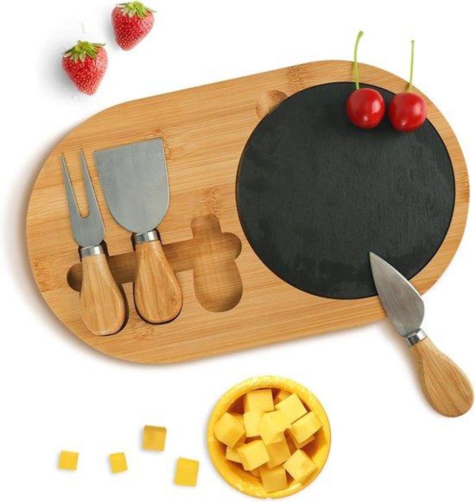 Houten Charcuterie-Platte mit 3 Messern, Servierplatte und Steinplatte - Ideal für Weinfeiern - Perfekt für Hauswarming-Geschenke
