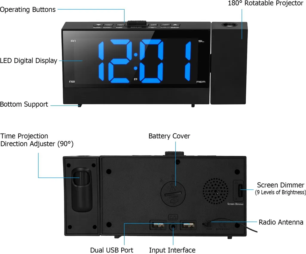 Radio-réveil projecteur plafond avec double alarme et chargeur USB