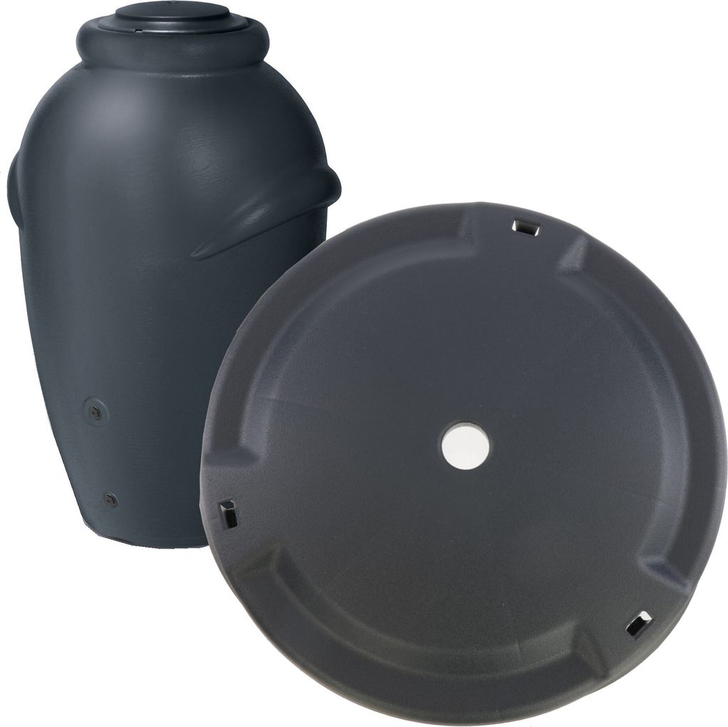 A dark gray lid and a dark gray rain barrel are shown against a white background.