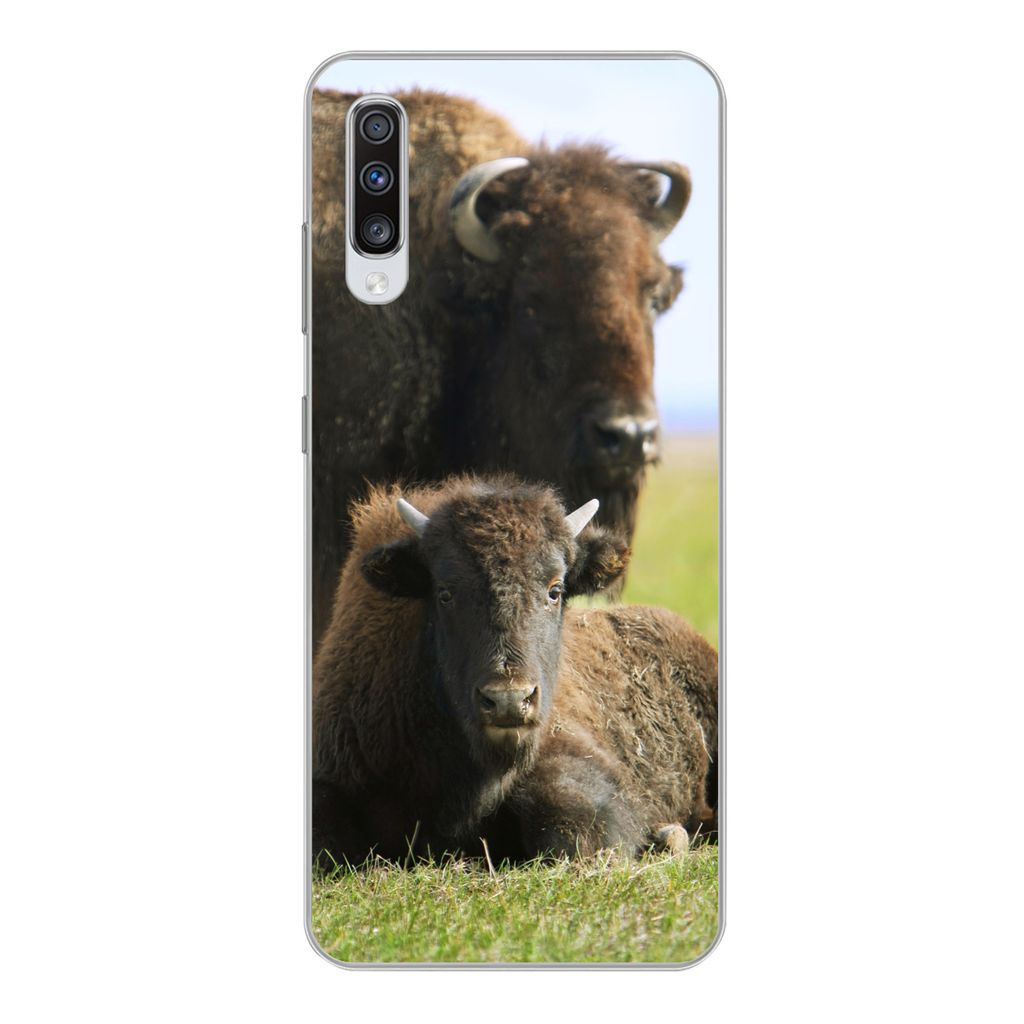 MuchoWow Handyhülle Schutzhülle Hülle für Samsung Galaxy A70 Büffel - Gras - Kalb Silikon Softcase Handy Hülle - Schutzhaube