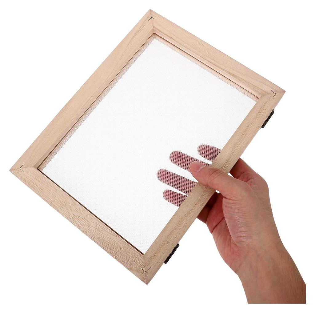 Papierschöpfrahmen mit Sieb und Trägerfolien für die Papierherstellung aus Holz für Bastelarbeiten von Hobbykünstlern und handgeschöpftes Papier