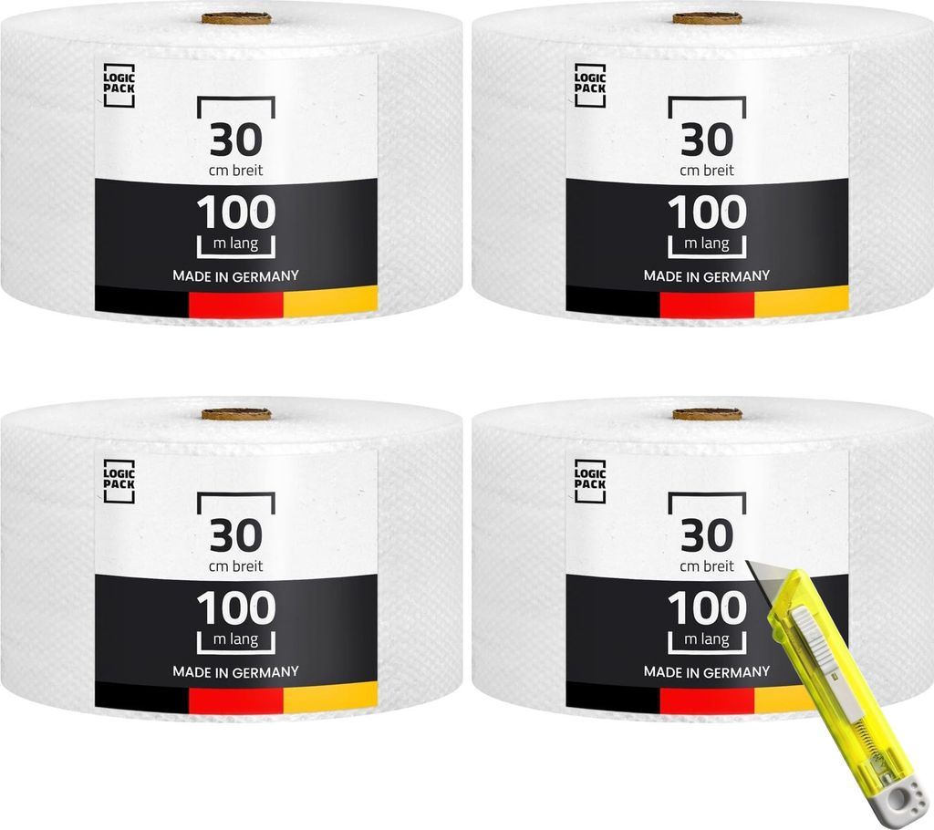 LOGIC PACK 4x Luftpolsterfolie 50my Noppenfolie Verpackungsmaterial 30 cm x 100 m