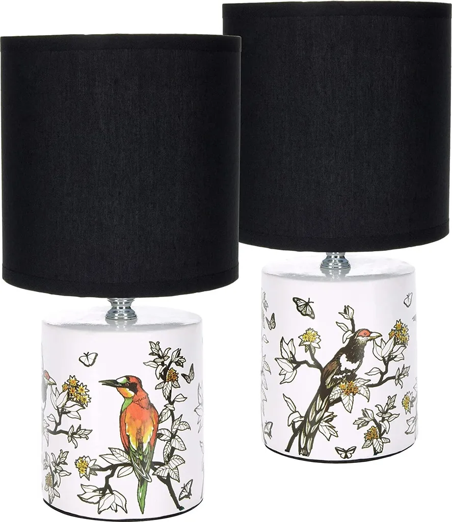 Set di 2 lampade da tavolo o da comodino BRUBAKER Design di uccelli asiatici - Lampade cinesi con base in ceramica - Altezza 29,5 cm, bianco nero