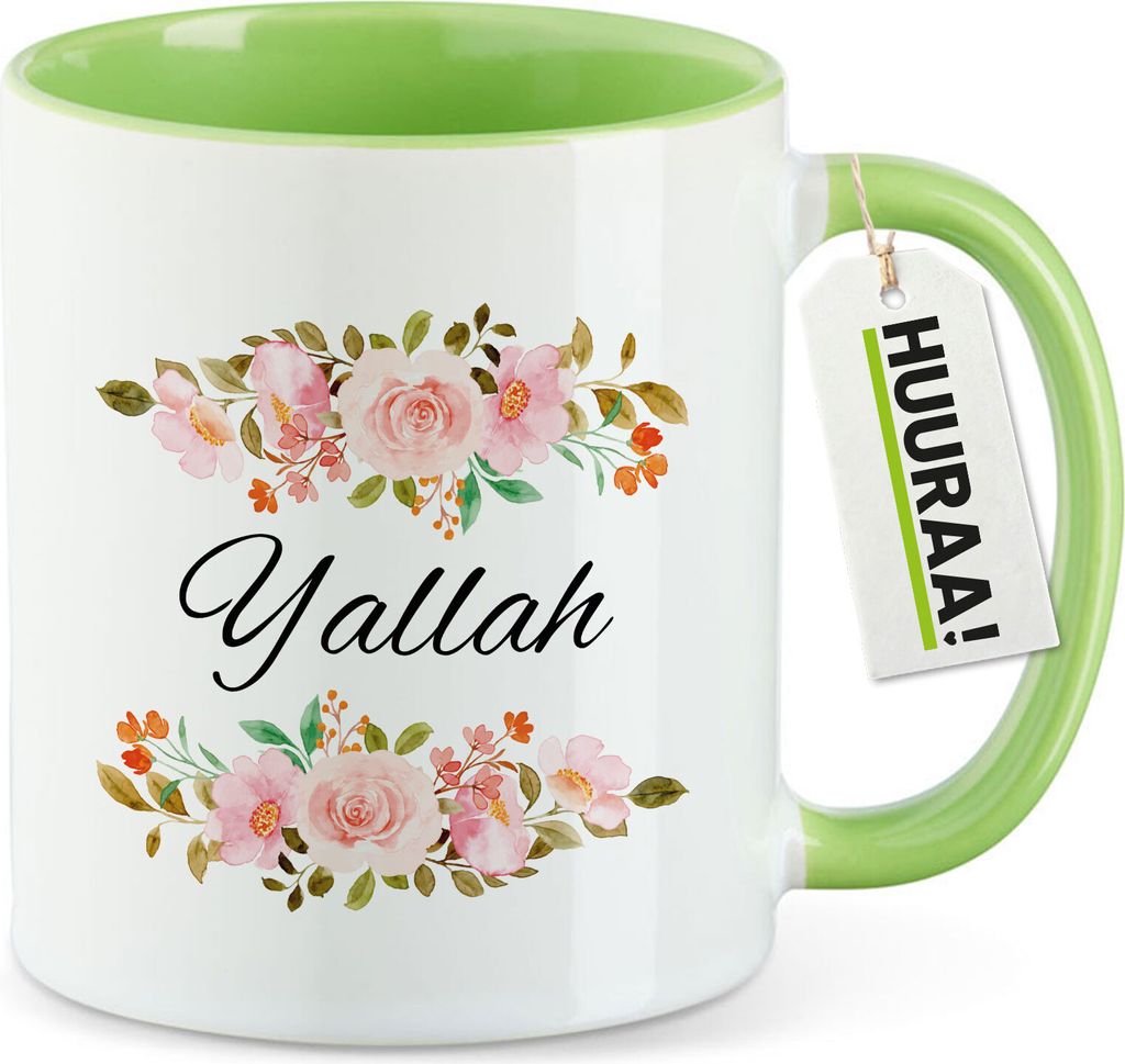 Huuraa Kaffeetasse Yallah arabisch Blumen 330ml Grün Keramik Kaffeebecher Geschenkidee