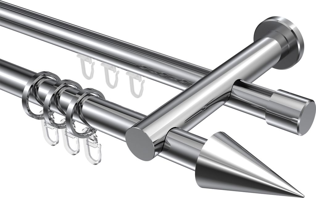 Interdeco Rundrohr-Innenlaufstange / Gardinenstange (Kombination) Chrom, Typ Platon Savio (Kegel), 20 mm Ø 2-läufig, 160 cm