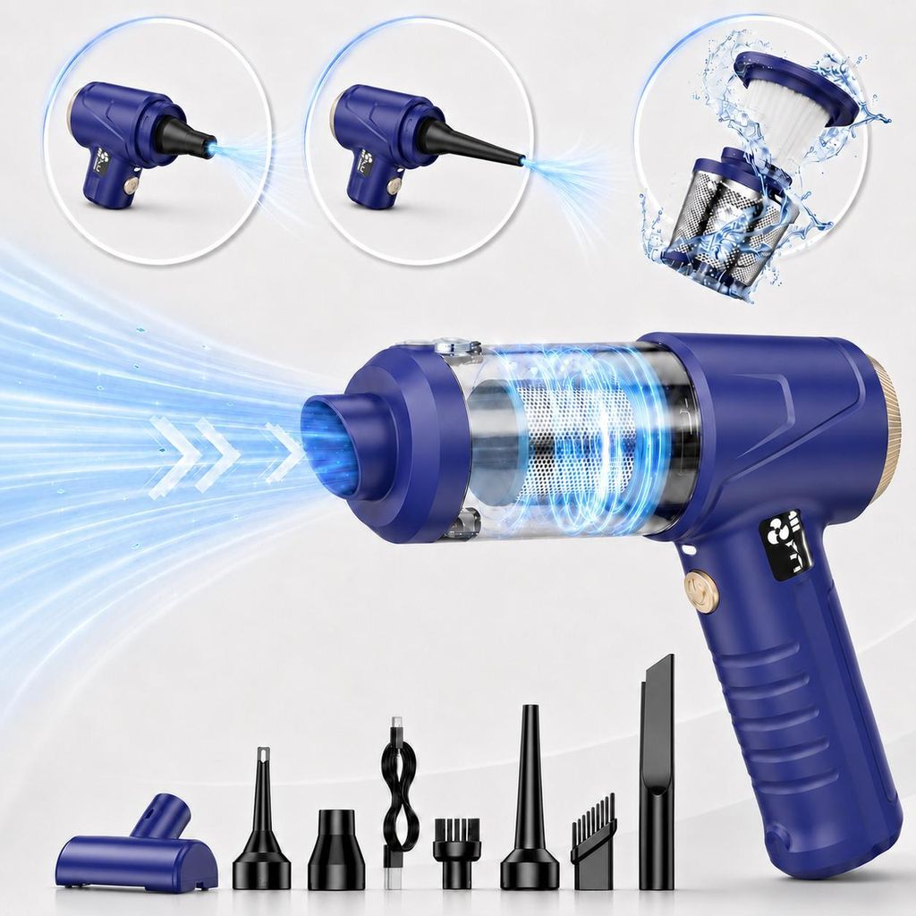 4-in-1 Auto Staubsauger, 18000 pa Akku Handstaubsauger mit LED-Licht, Digitalem Display, Ultra-leiser, 3 Modi, Tragbar für Auto, Haushalt, Tierhaare