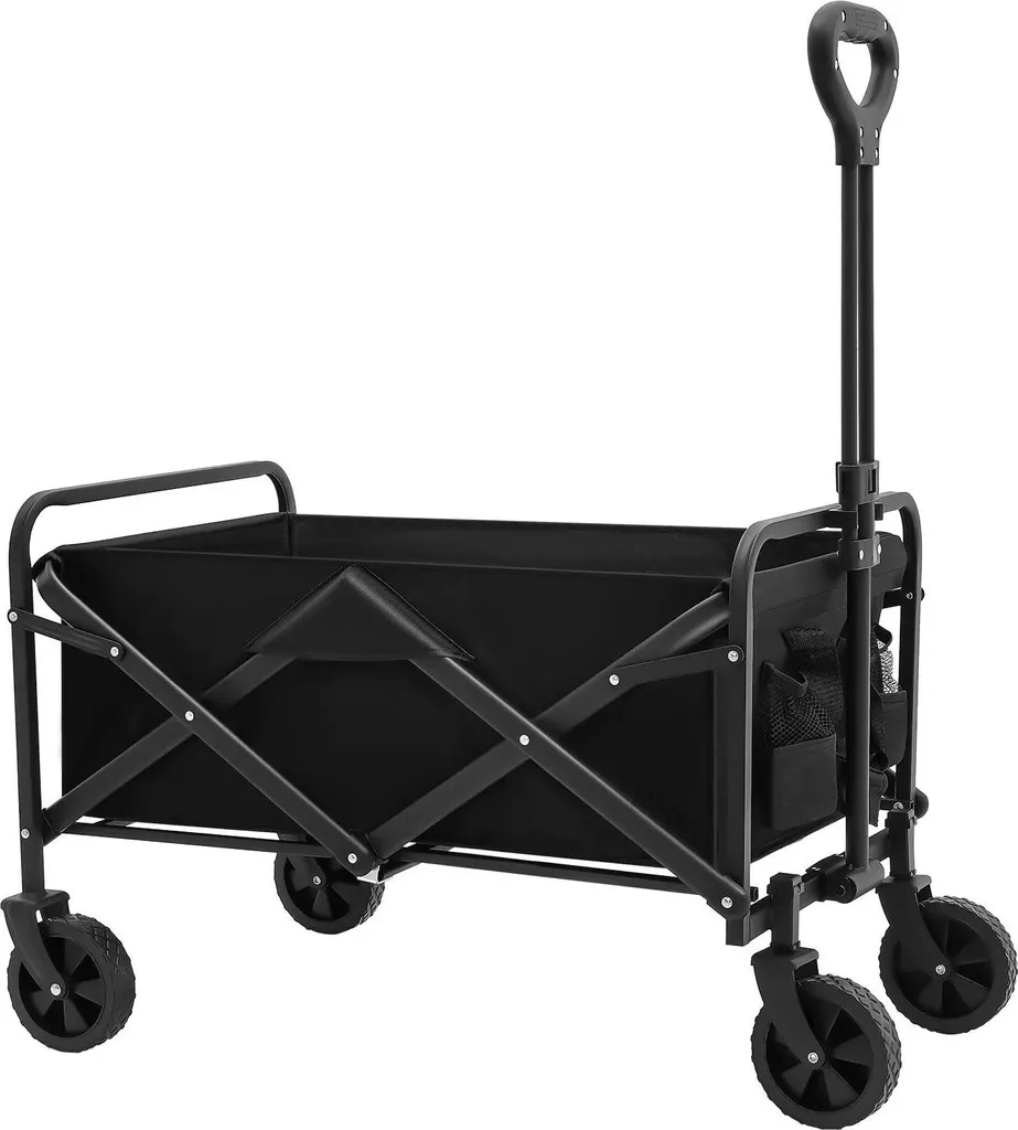 Carrello da trasporto - Carrello pieghevole/carrello da spiaggia - Ruote in gomma da 12,7 cm - Maniglia regolabile - 2 portabicchieri - Telaio in acciaio e tessuto Oxford - Nero