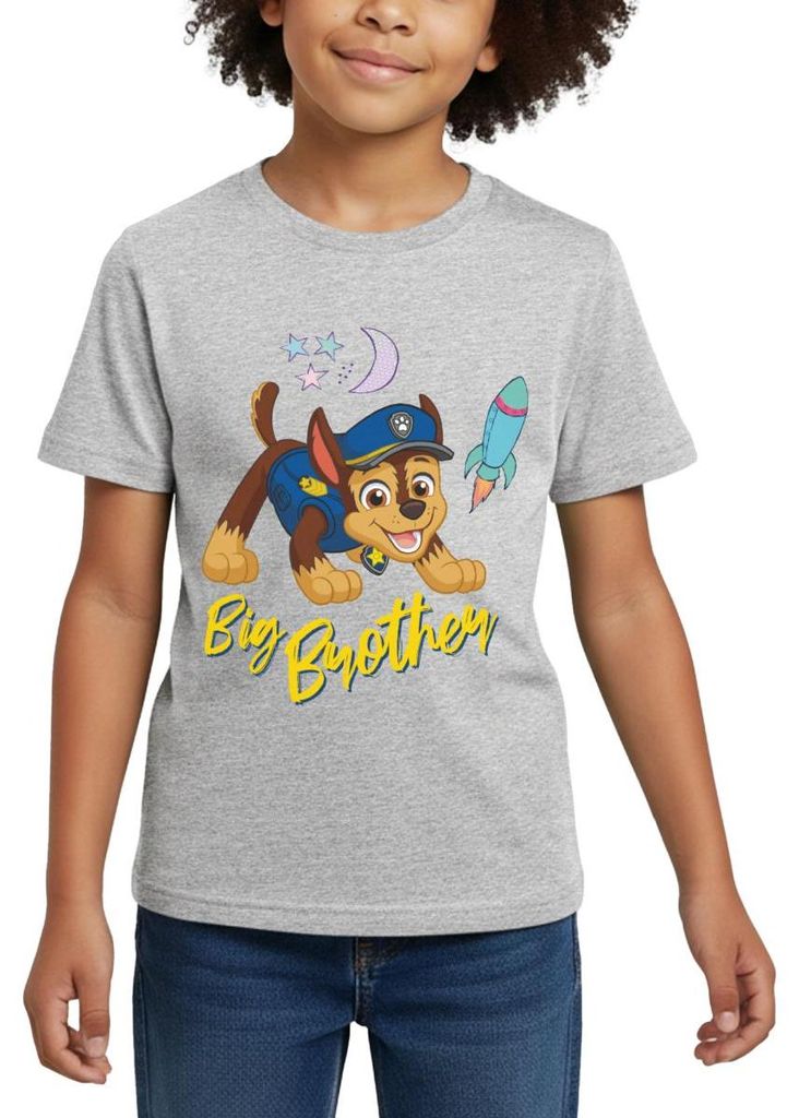 Spreadshirt Paw Patrol Großer Bruder Chase Geschenk Kinder T-Shirt, 98/104 (3-4 Jahre), Grau meliert