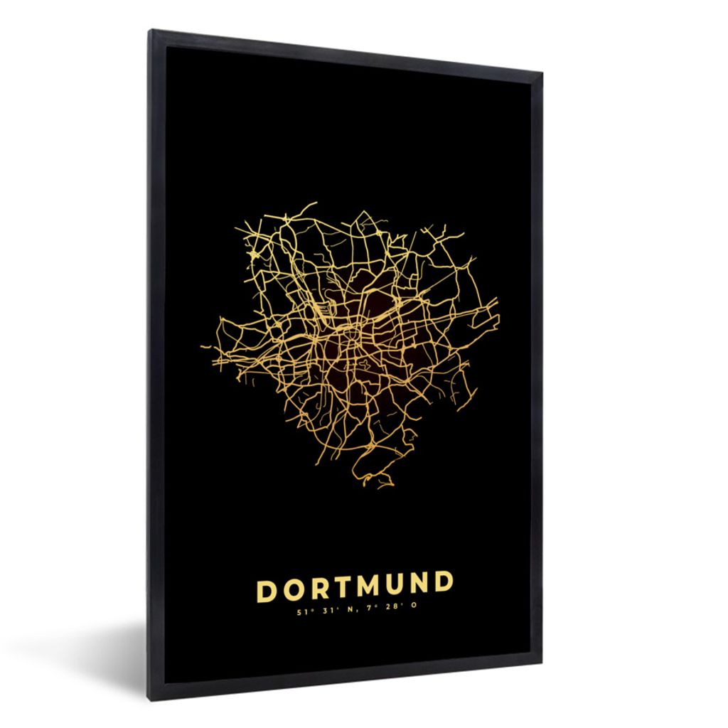 MuchoWow Gerahmtes Poster Dortmund - Gold - Karte - Stadtplan 20x30 cm - Poster mit Schwarzem Bilderrahmen Wandposter Rahmen Foto Bilder - Drucke...