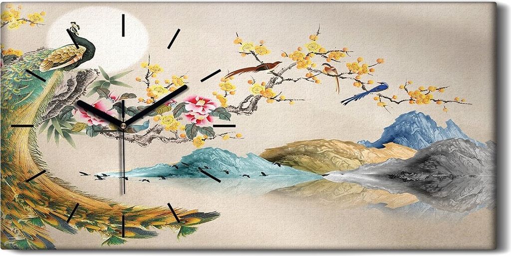 Küche Wohnzimmer Wand Leinwand Uhr 60x30 Malerei Abstrakte Berge Blumen Pfauen - schwarze Hände