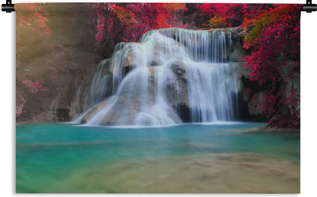 MuchoWow Wandteppich Wandbehang Wasserfall - Bäume - Rot - Landschaft - Natur 60x40 cm Tapisserie Dekoration Wandtuch - Wanddekorationen