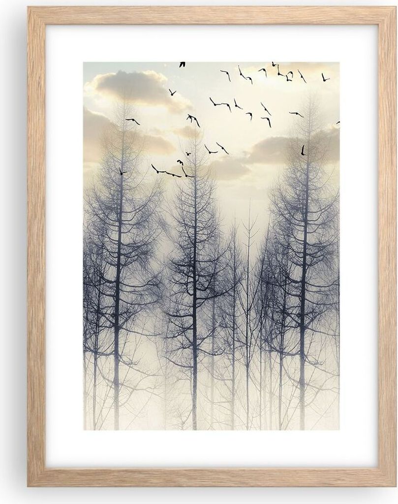 Gerahmtes Poster - Rahmen in heller Eiche - Bäume Vögel Himmel - 30x40 cm - Wand Bild - Wanddeko - Wandbilder - Kunstposter - Wandposter - Bilder...