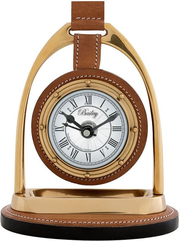 Casa Padrino Designer Uhr mit Büffelleder und Kompas auf der Rückseite 17 x 12,5 H. 21 cm - Luxus Tischuhr