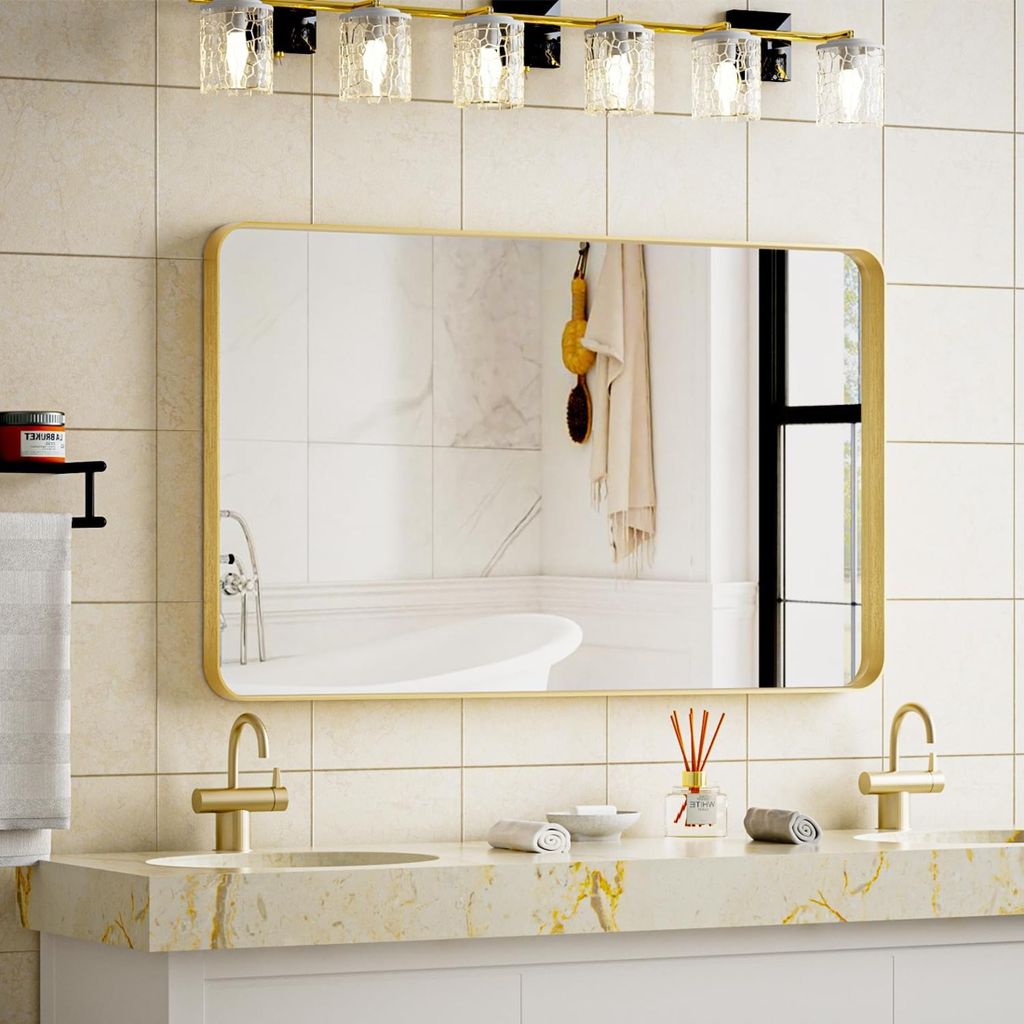 Runder Eck-Badezimmerspiegel, Wandspiegel mit Aluminiumrahmen für Schlafzimmer, zum Aufhängen oder Anlehnen, horizontal oder vertikal, 24x36 Zoll...