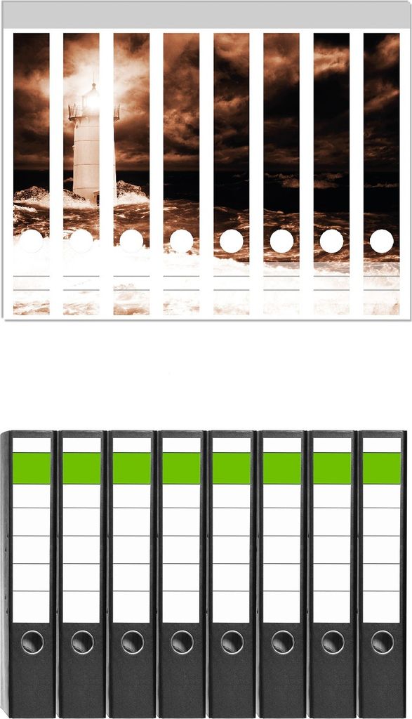 Wallario 8 Stück schmale Ordner inkl. Klebeetiketten mit Motive Abstrakter Leuchtturm im Wasser bei stürmischer See - Set mit Rückenschildern / ...