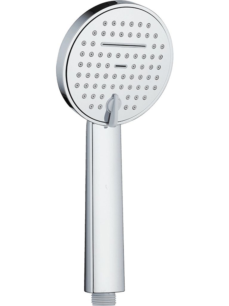 A chrome shower head with a handle, shown against a white background.